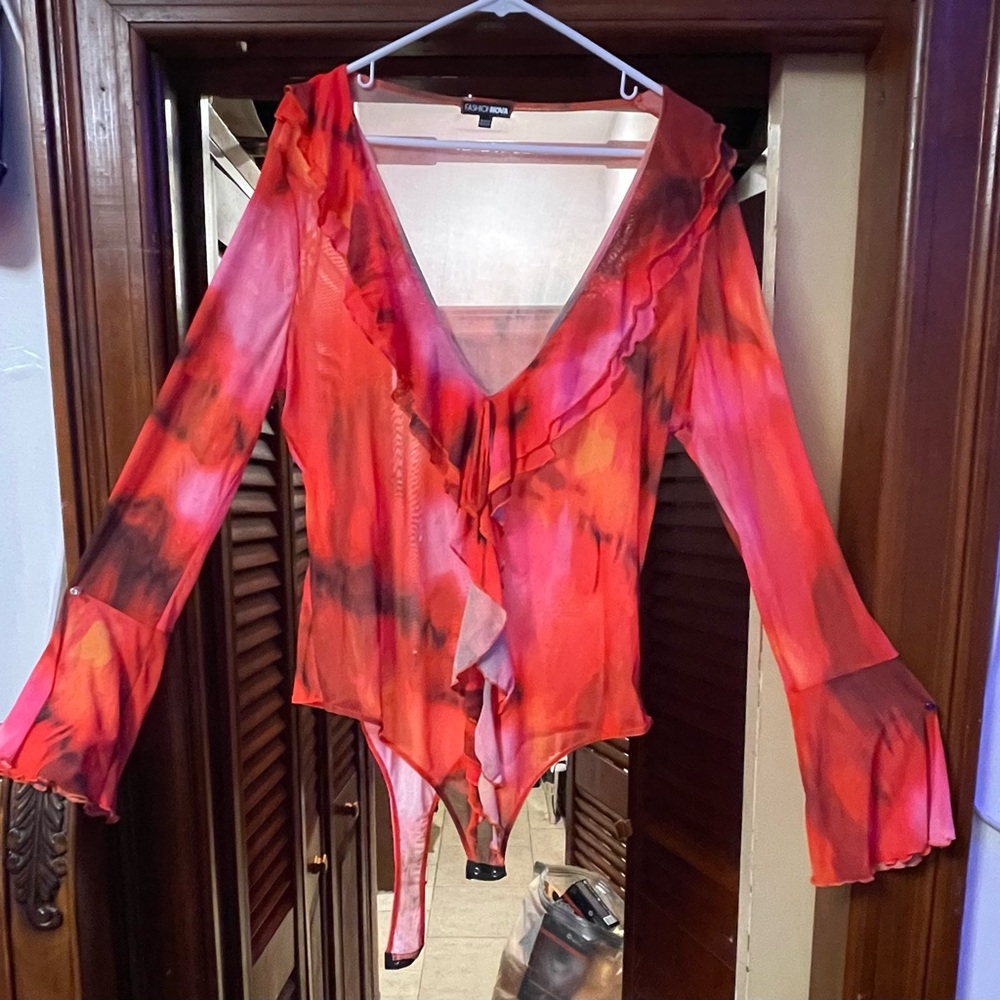 Fashion Nova Mesh Fiery Red and Black Bodysuit